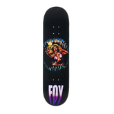 Skateboard deck with colorful graphic design and 'FOY' branding on a white background