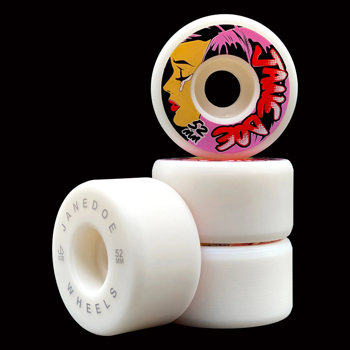 Skateboard wheels with a colorful design on a black background