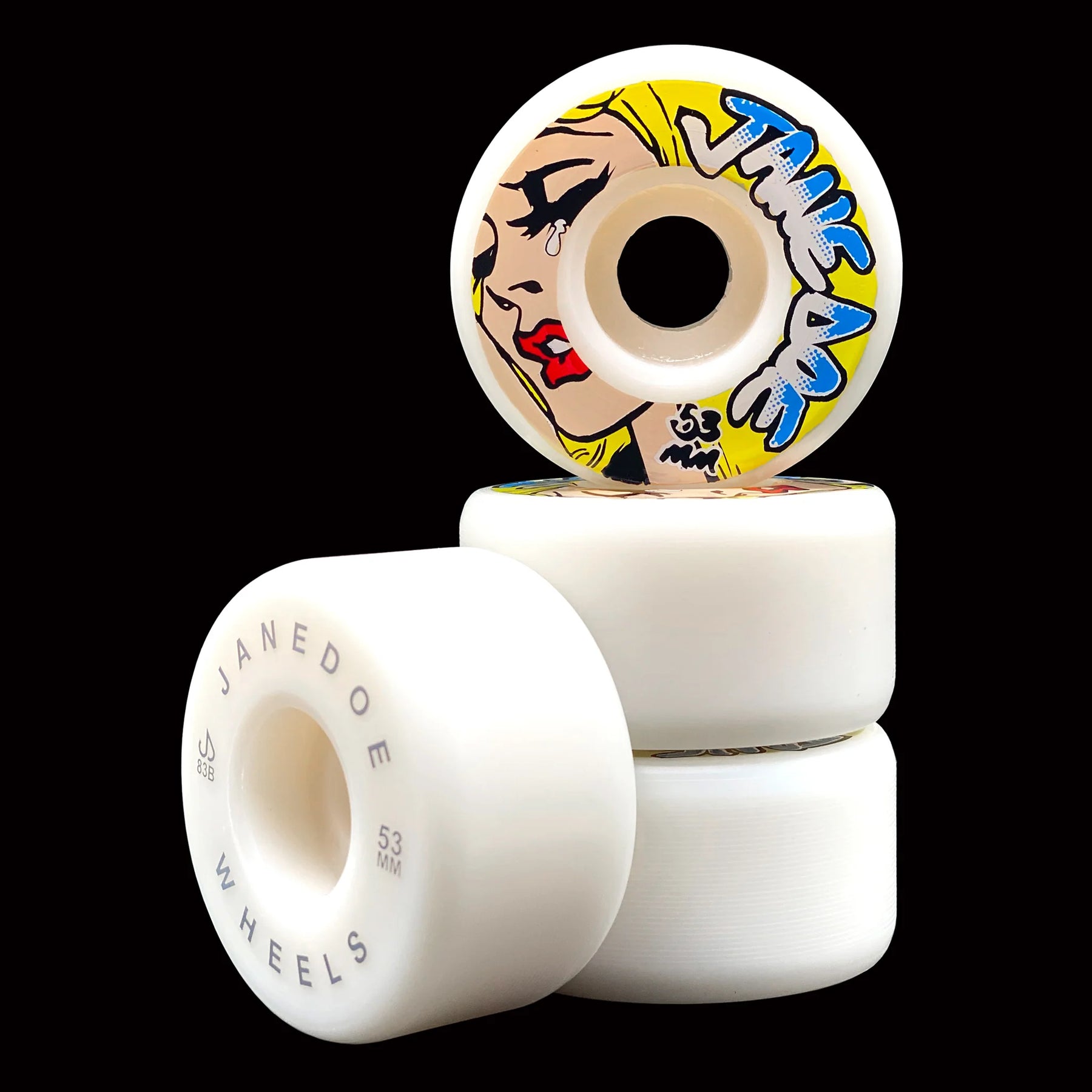 Skateboard wheels with a colorful design on a black background