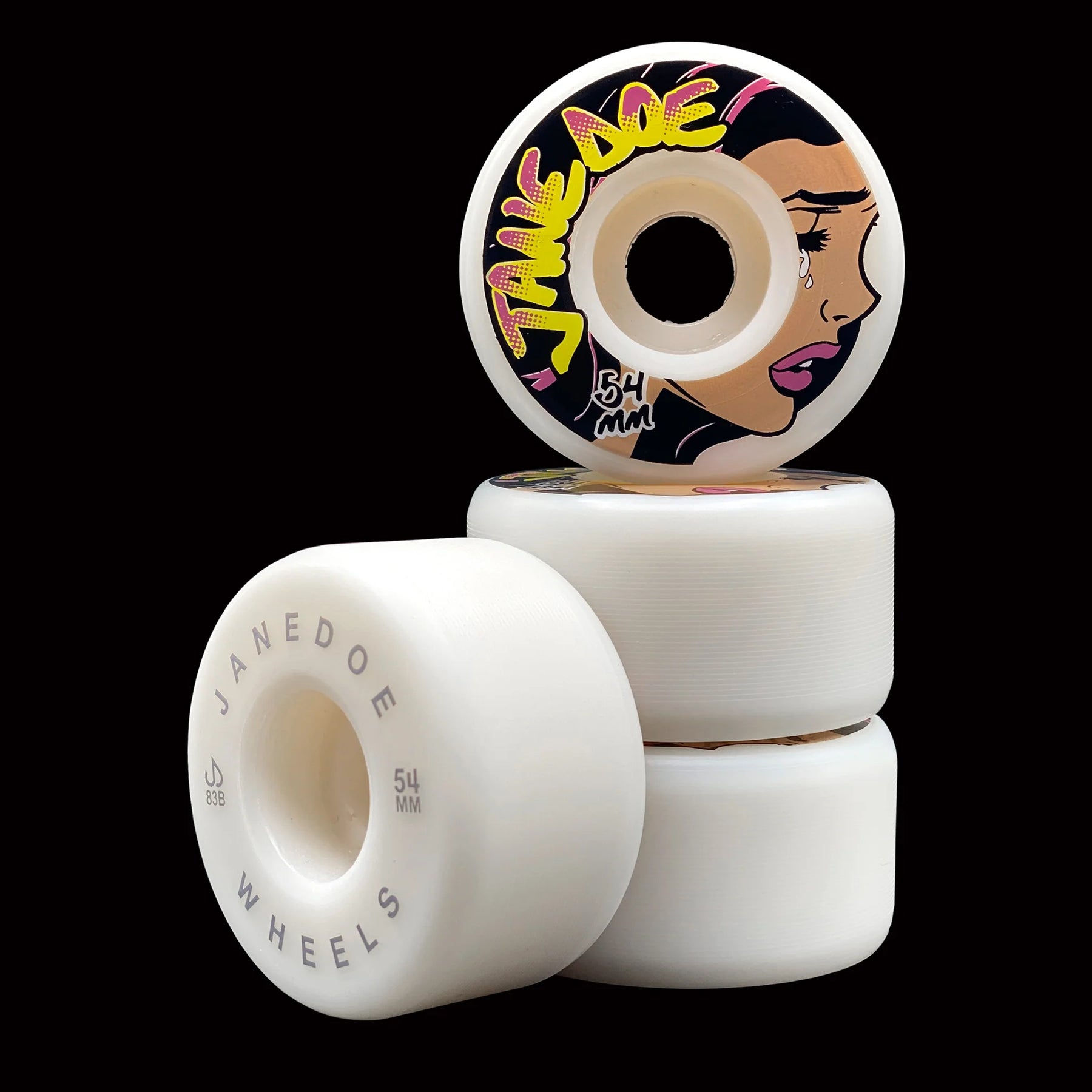 Set of white skateboard wheels with a branded design on a black background