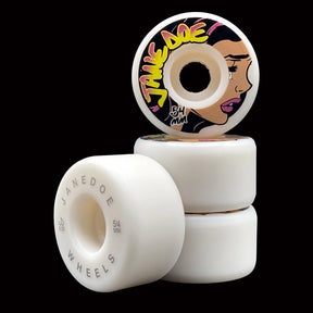 Set of white skateboard wheels with a branded design on a black background