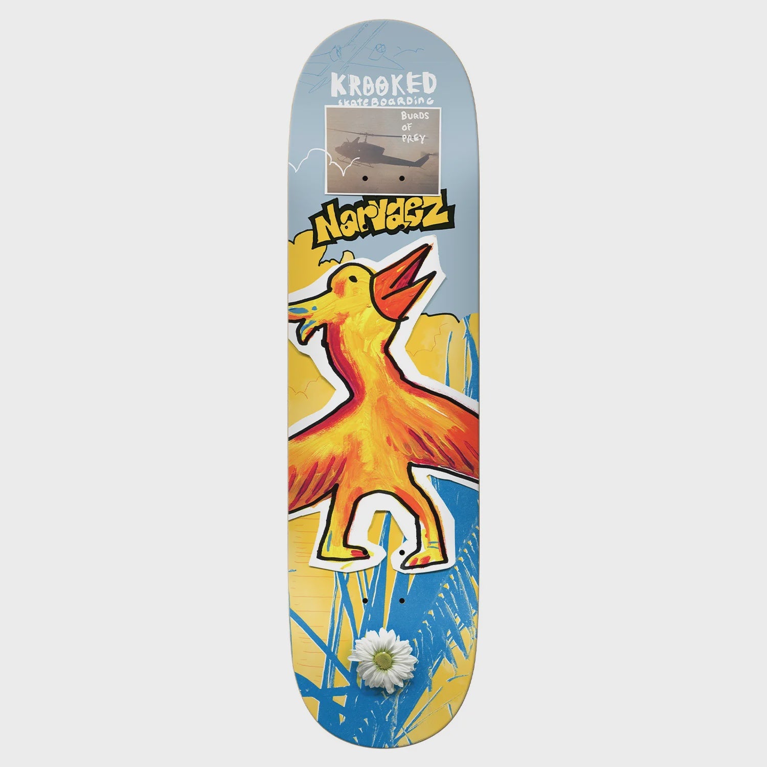 Skateboard deck with colorful design and 'Krooked' branding on a white background