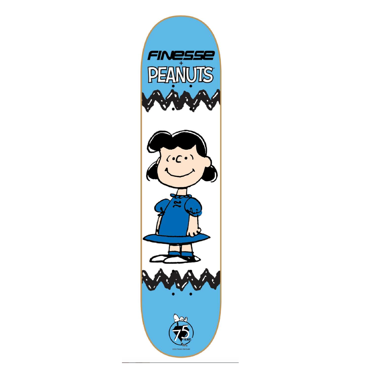 Skateboard deck with a character design and 'Finesse Peanuts' branding on a white background