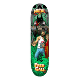Skateboard deck with colorful design featuring a character and text on a white background