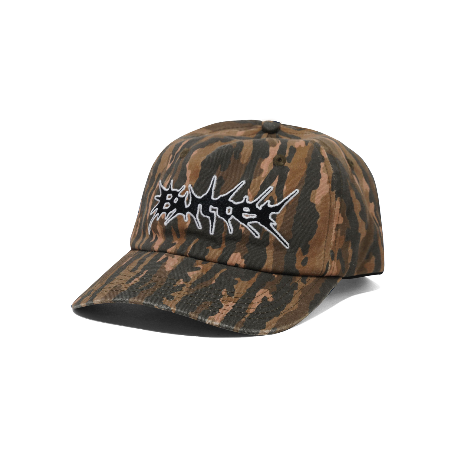 Camouflage-patterned cap with a white logo on a white background