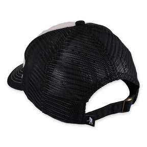 Black mesh cap with a small logo on a white background