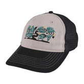 Trucker hat with black and beige design on a white background