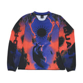 Sweatshirt with abstract design and text on a white background