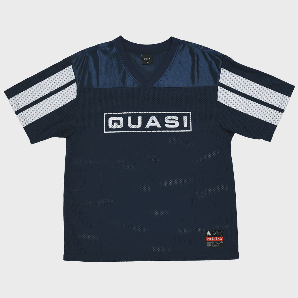 Navy blue sports jersey with 'QUASI' logo on a white background
