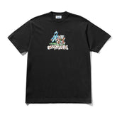 Black t-shirt with colorful graphic design on a white background