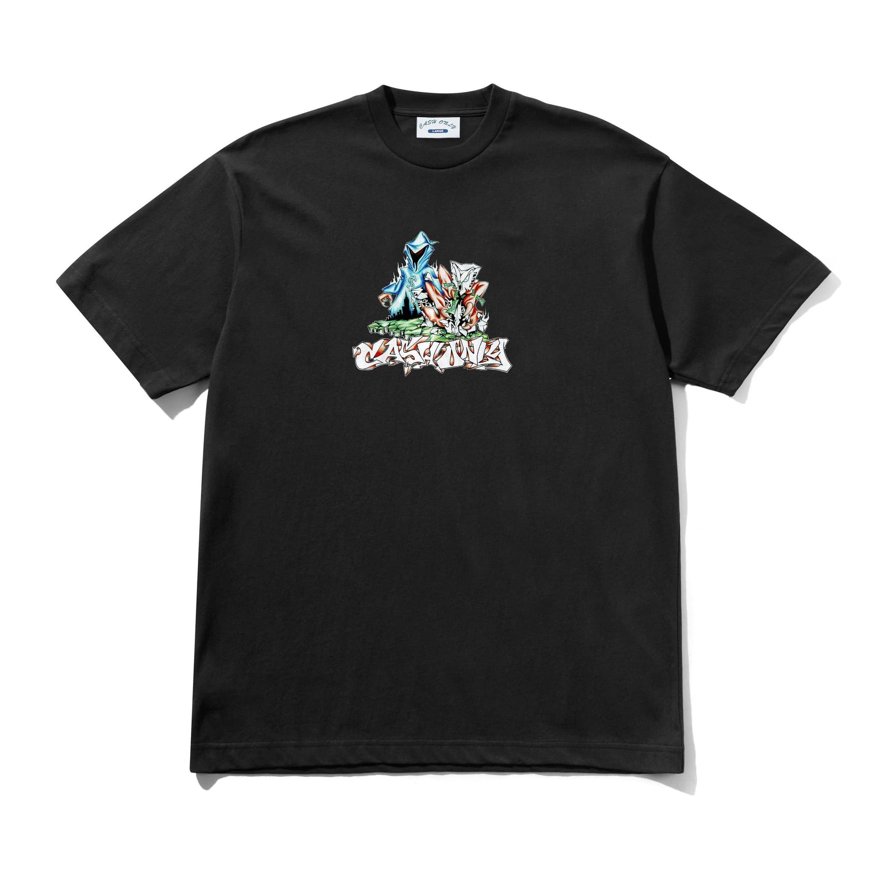 Black t-shirt with colorful graphic design on a white background