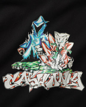 Colorful graphic design with cartoon characters and text on a black background