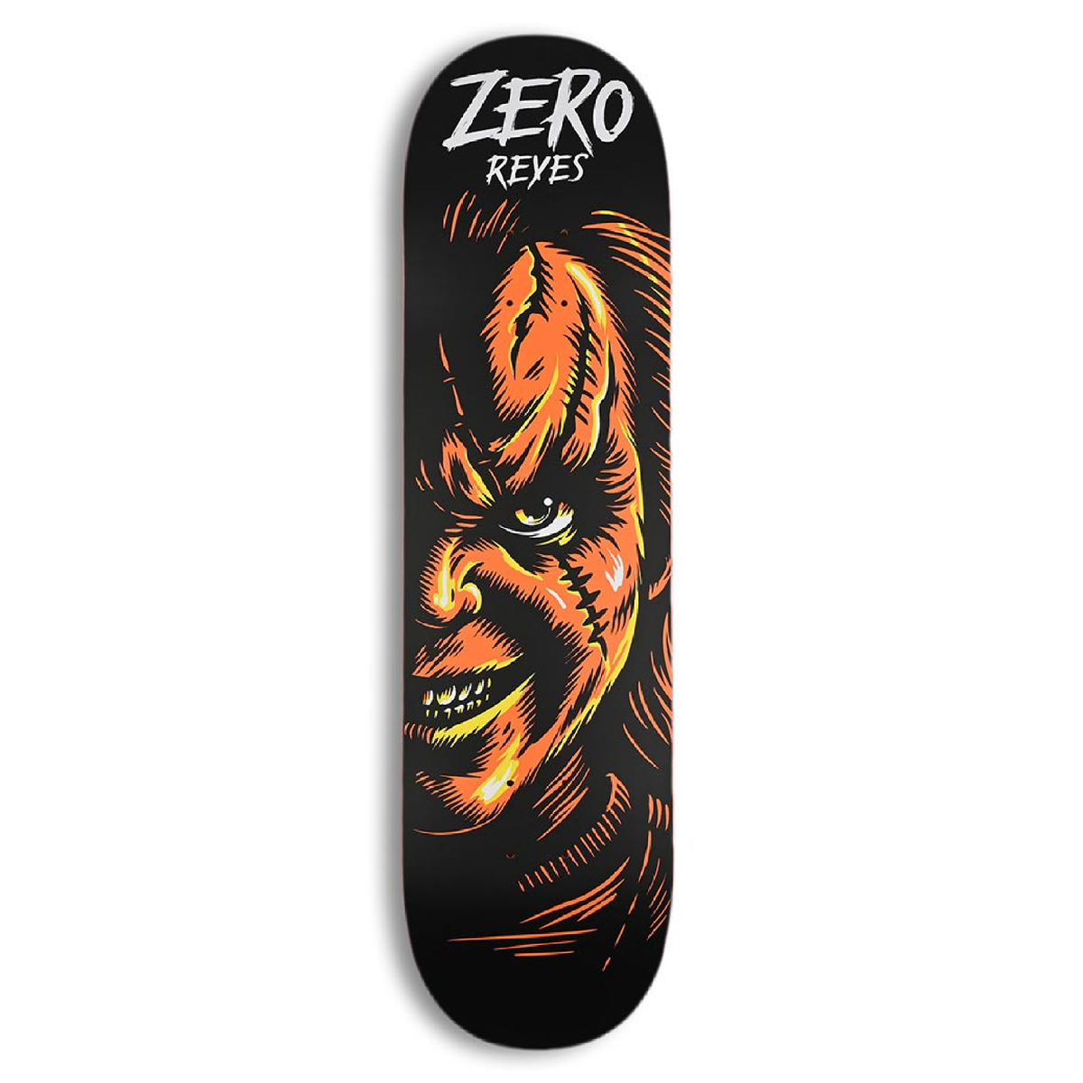 Skateboard deck with a graphic design of a face and 'Zero Reyes' branding on a black background.