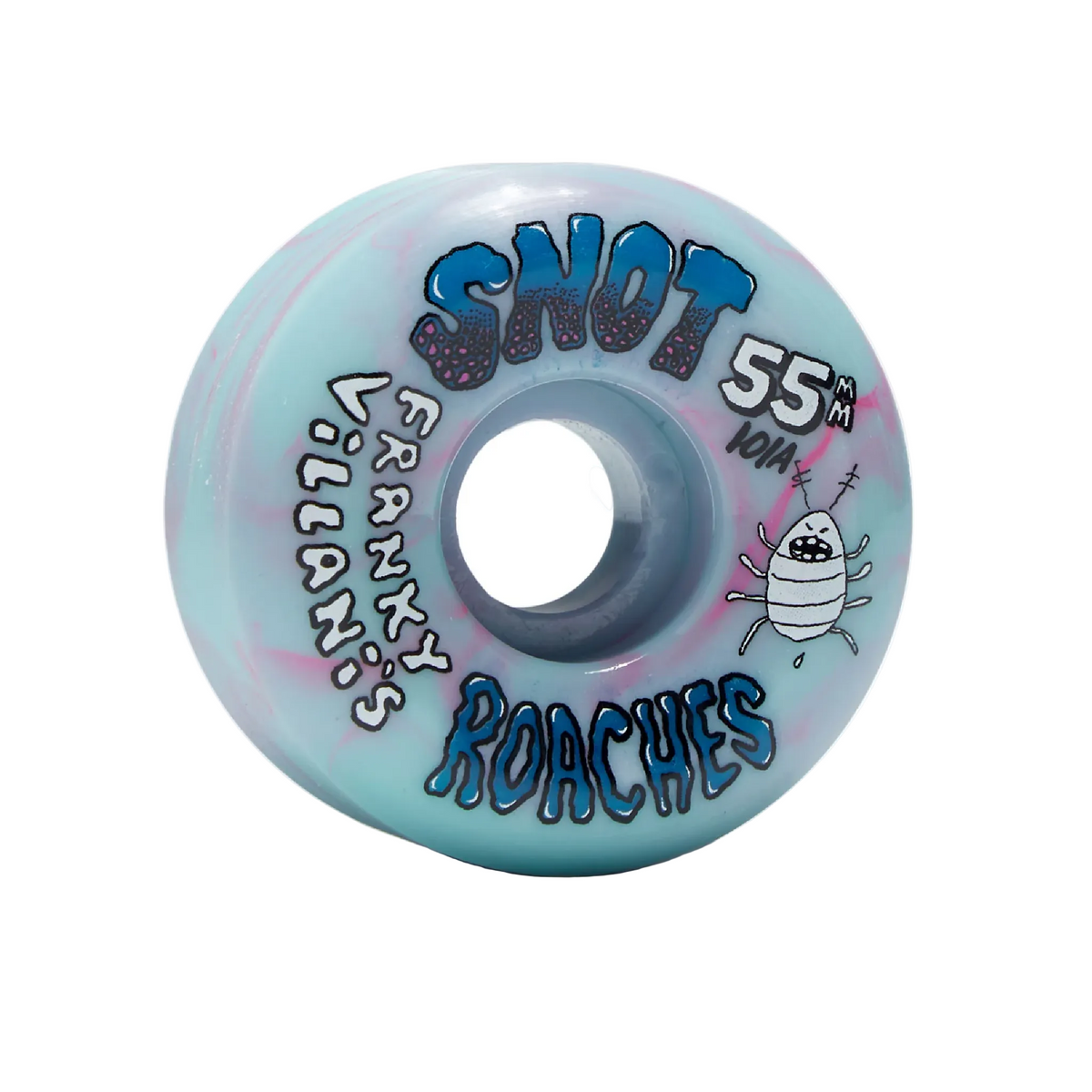 Skateboard wheel with 'Shot' and 'Franky Lilani's Roaches' branding on a white background