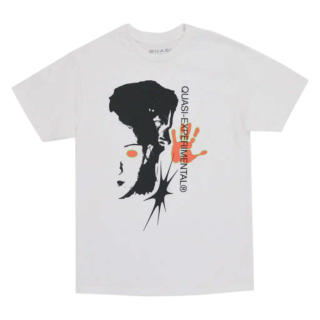 White t-shirt with black and orange graphic design on a white background