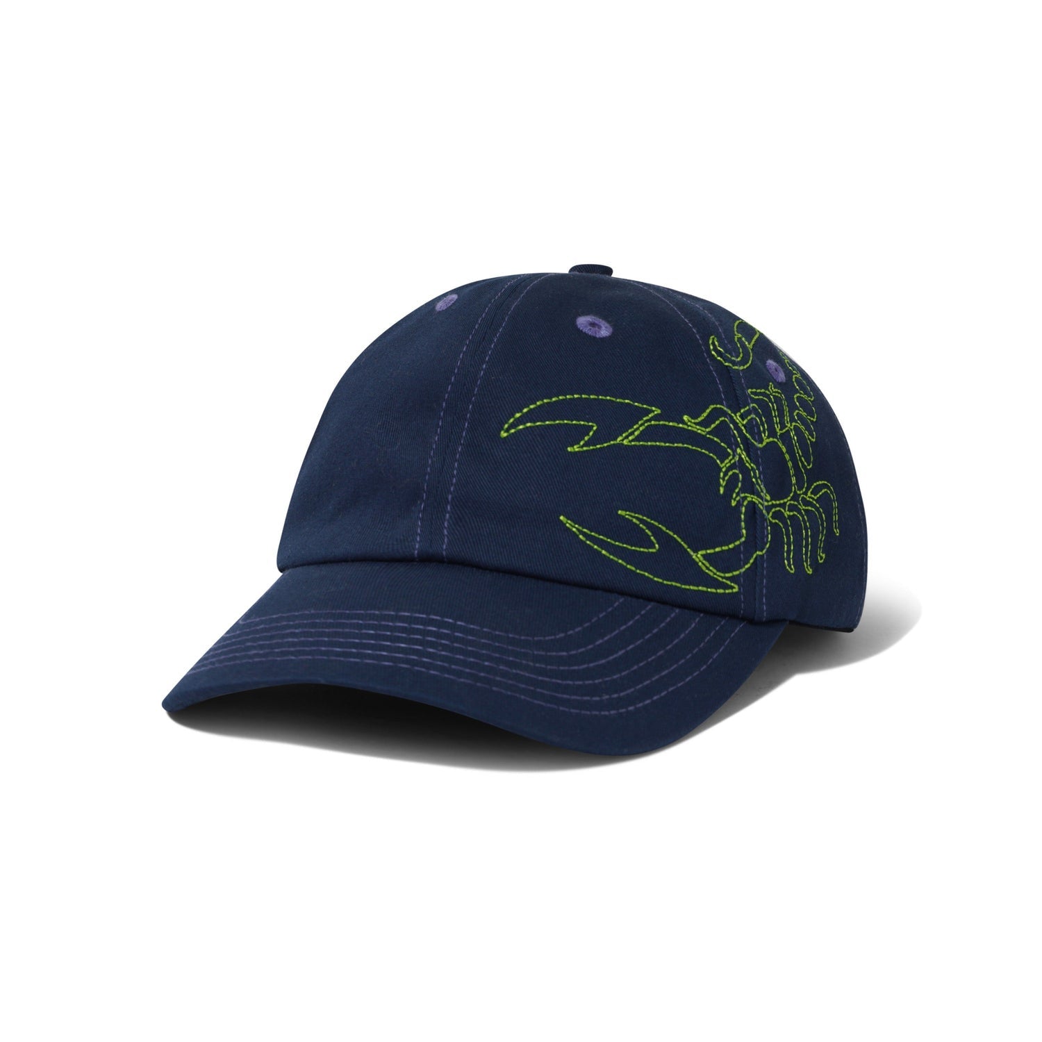 Navy blue cap with green embroidered design on a white background