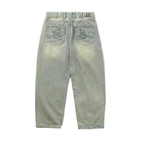 Light blue jeans with brand logo on a white background