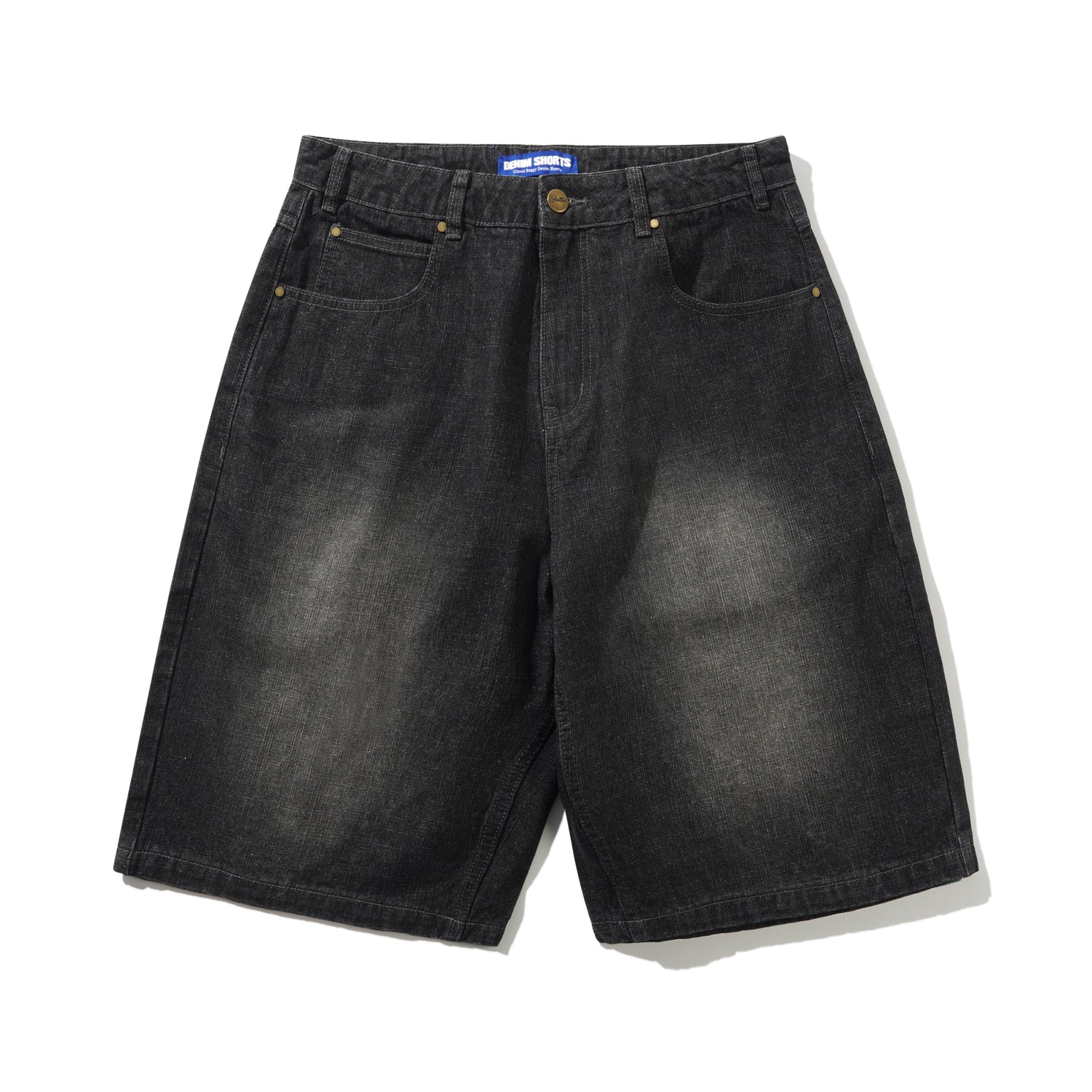 Black denim shorts on a white background