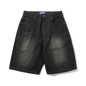 Black denim shorts on a white background