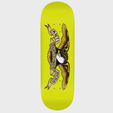 Skateboard deck with eagle design and text on a yellow background