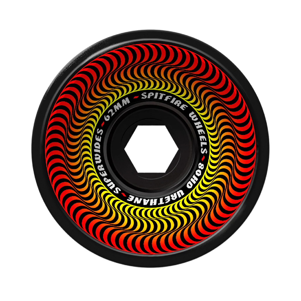 Spitfire Wheels skateboard wheel with red and yellow pattern on a white background