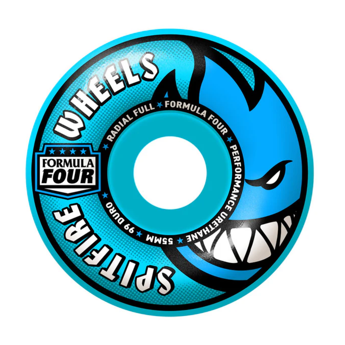Blue skateboard wheel with 'Formula Four' branding on a white background