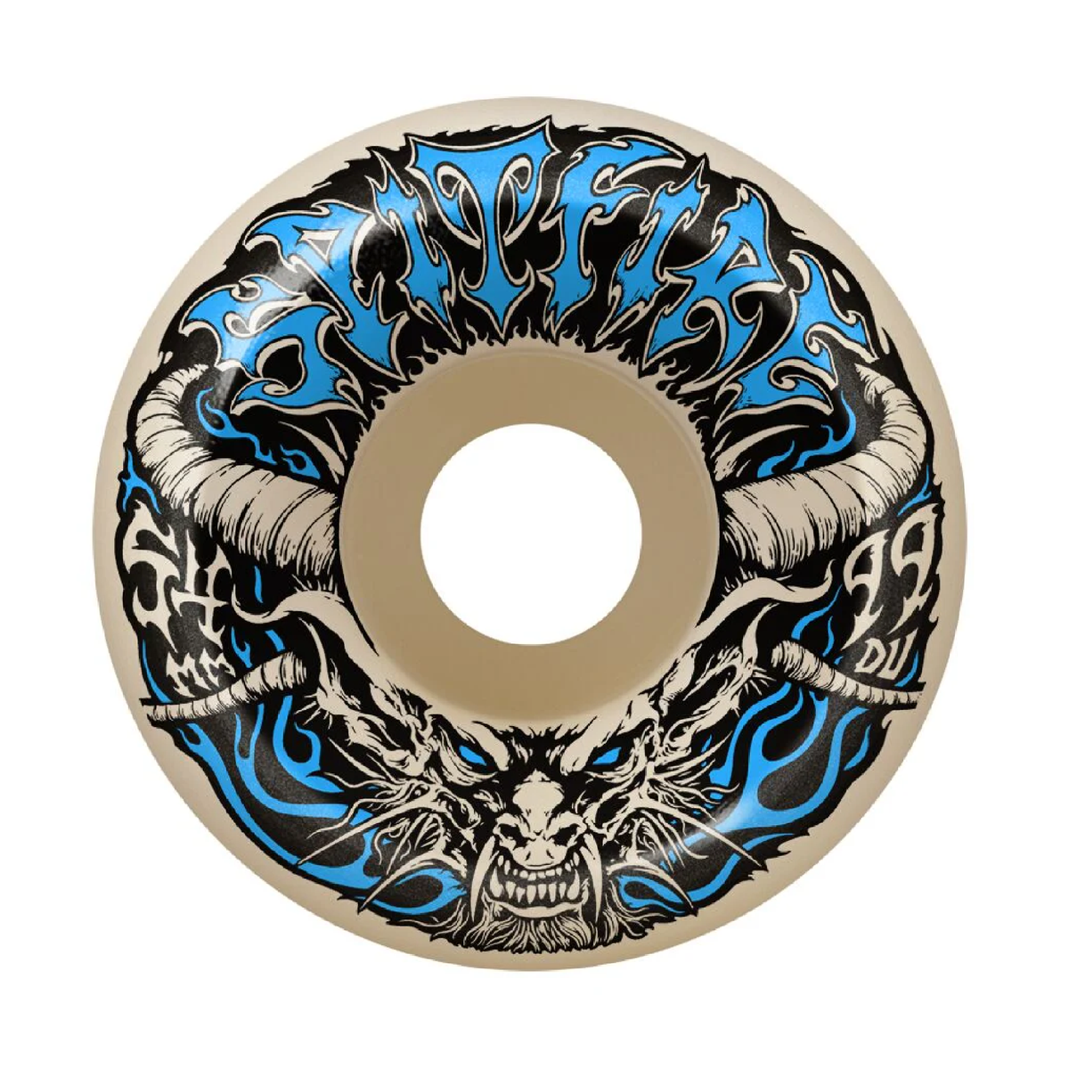 Skateboard wheel with dragon design and blue 'Santa Cruz' branding on a beige background