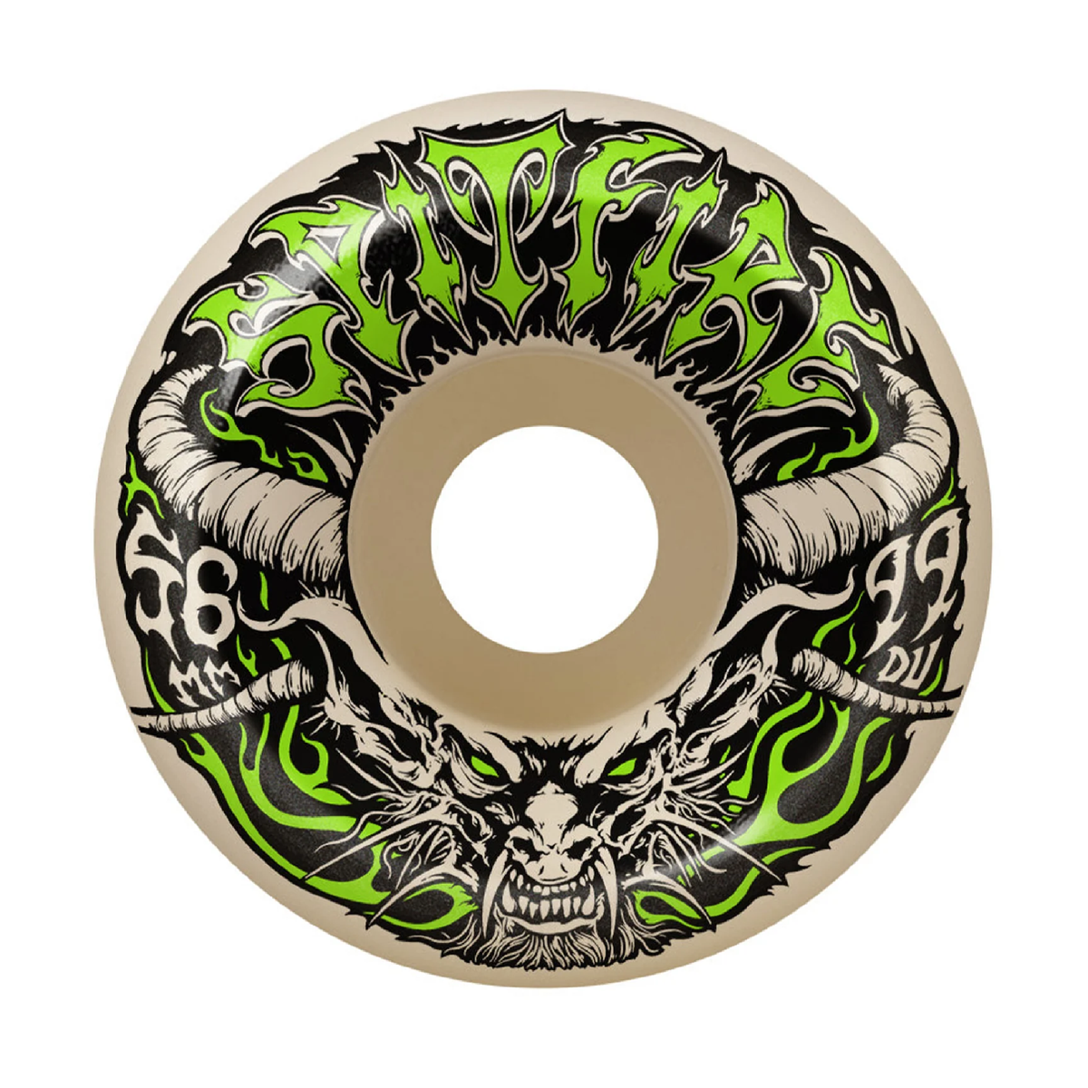 Skateboard wheel with dragon design and green accents on a beige background