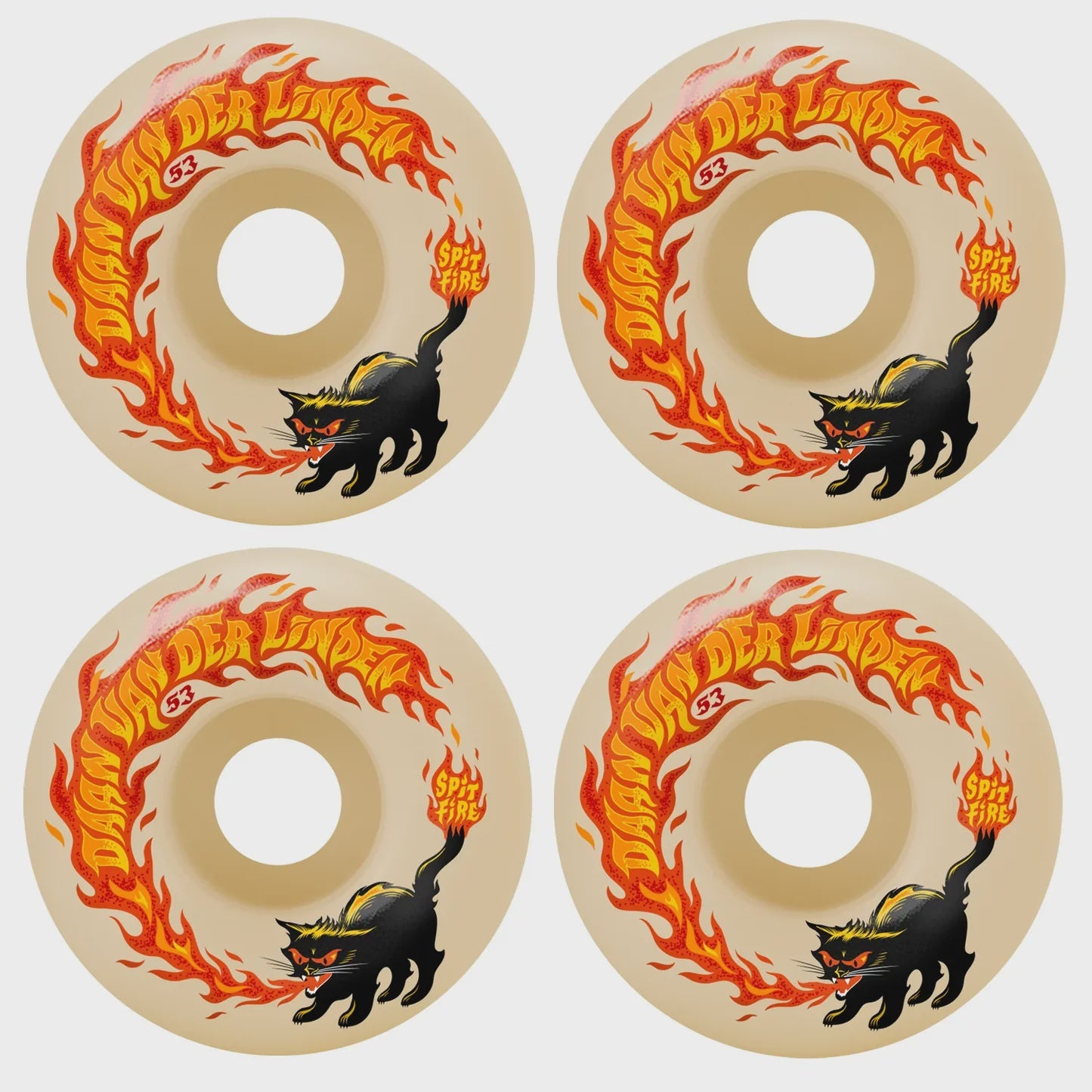 Four skateboard wheels with a black cat and flames design on a beige background