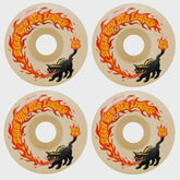 Four skateboard wheels with a black cat and flames design on a beige background