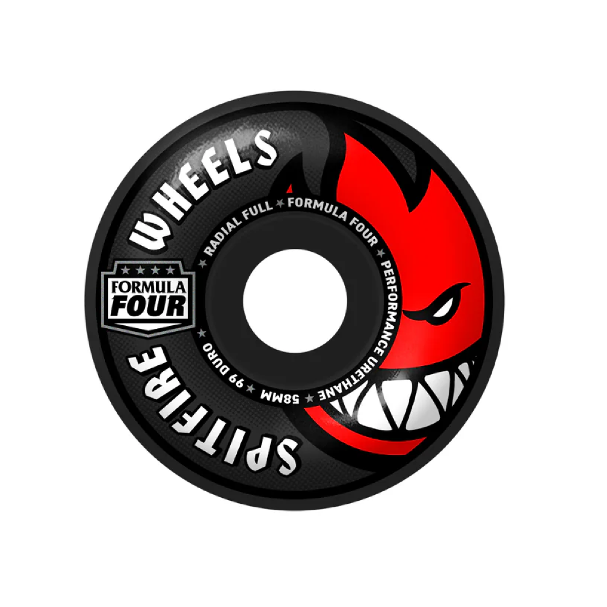 Spitfire Wheels Formula Four skateboard wheel with red and black design on a white background