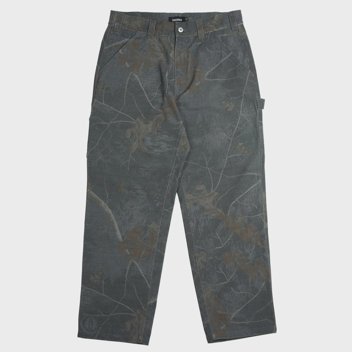 Dark gray pants with leaf pattern on a light gray background