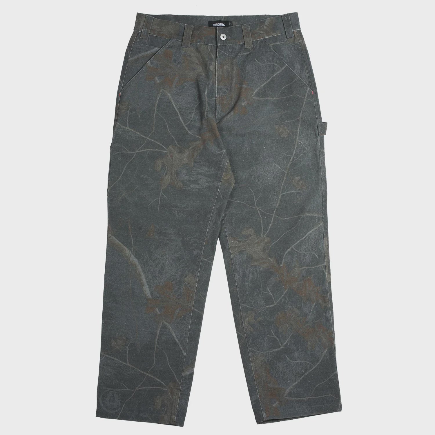 Dark gray pants with leaf pattern on a light gray background