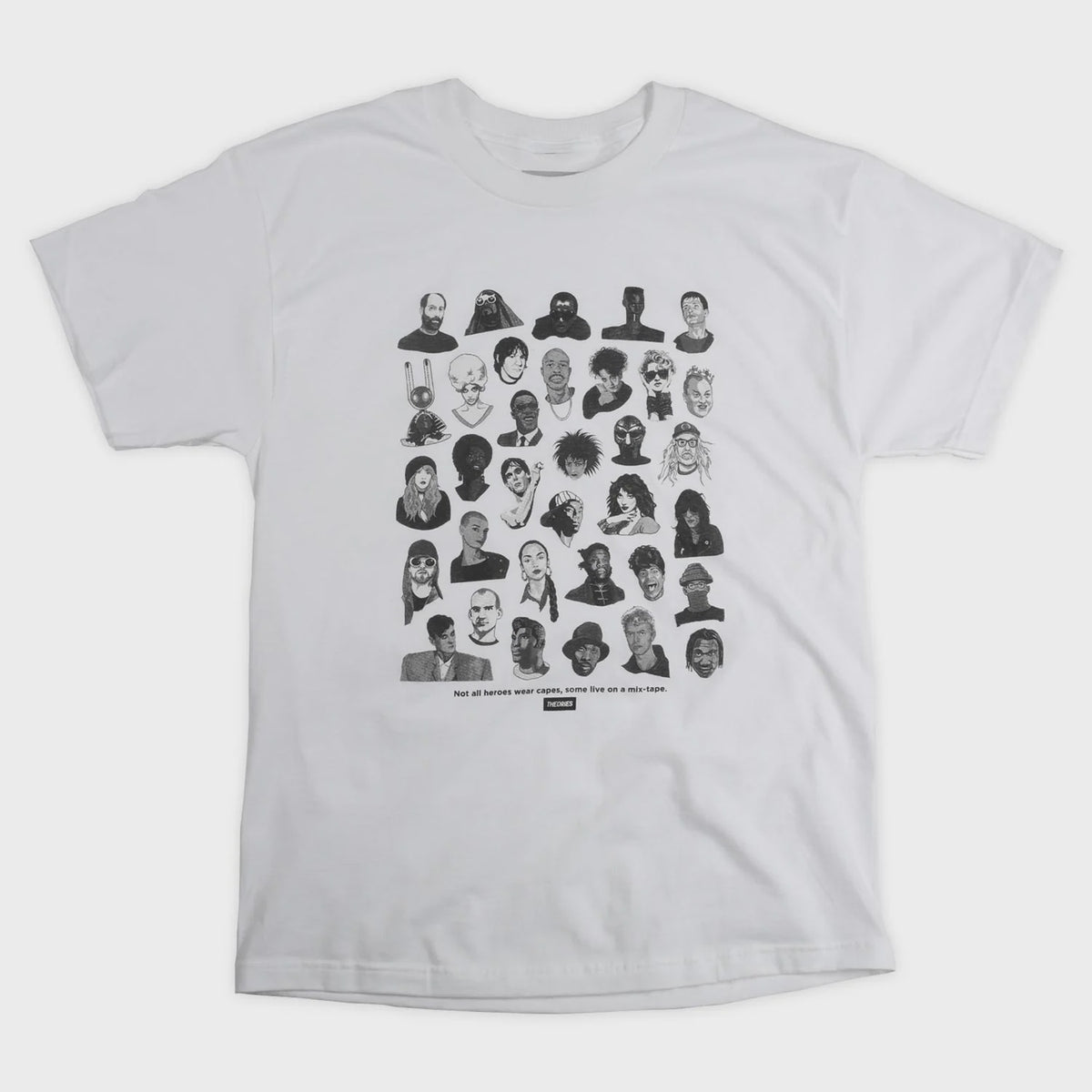Gray t-shirt with black graphic design of various faces on a white background