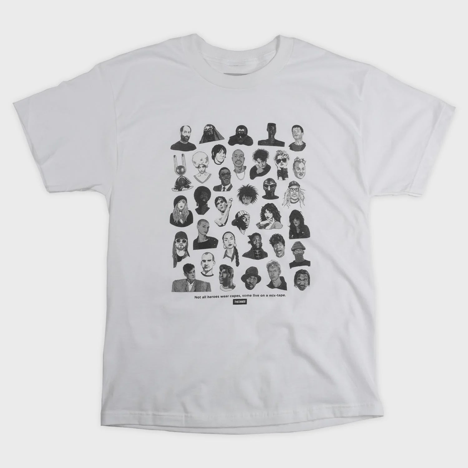 Gray t-shirt with black graphic design of various faces on a white background