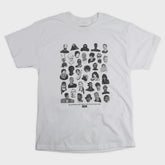 Gray t-shirt with black graphic design of various faces on a white background