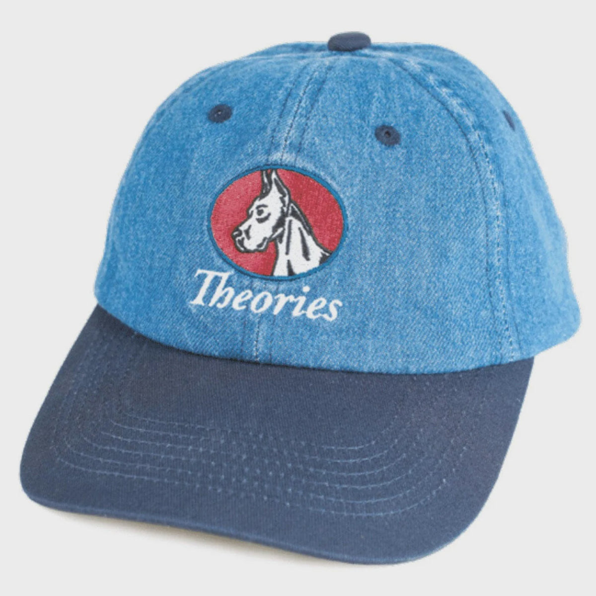 Blue cap with horse logo and 'Theories' text on a white background