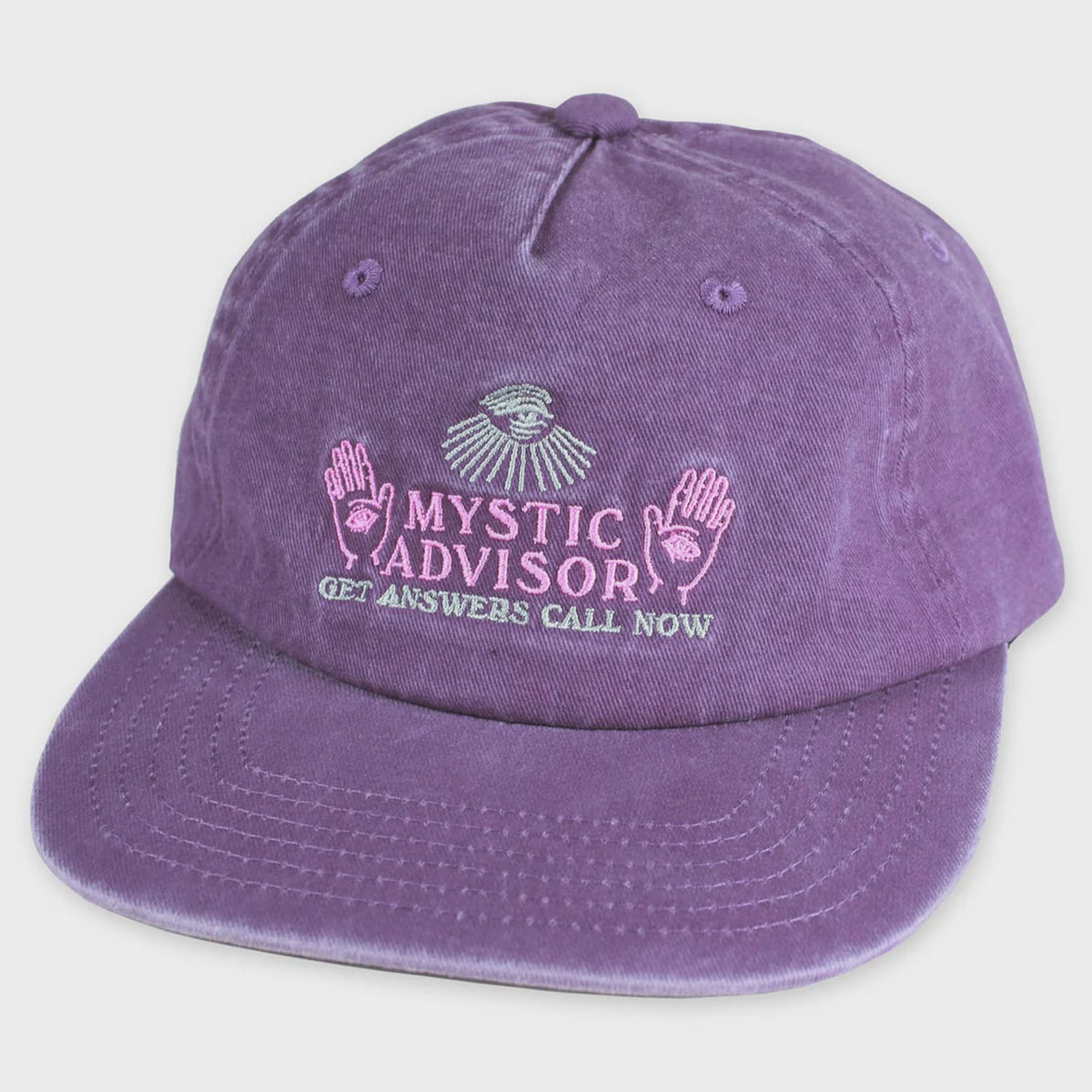 Purple cap with 'Mystic Advisor' text and logo on a white background