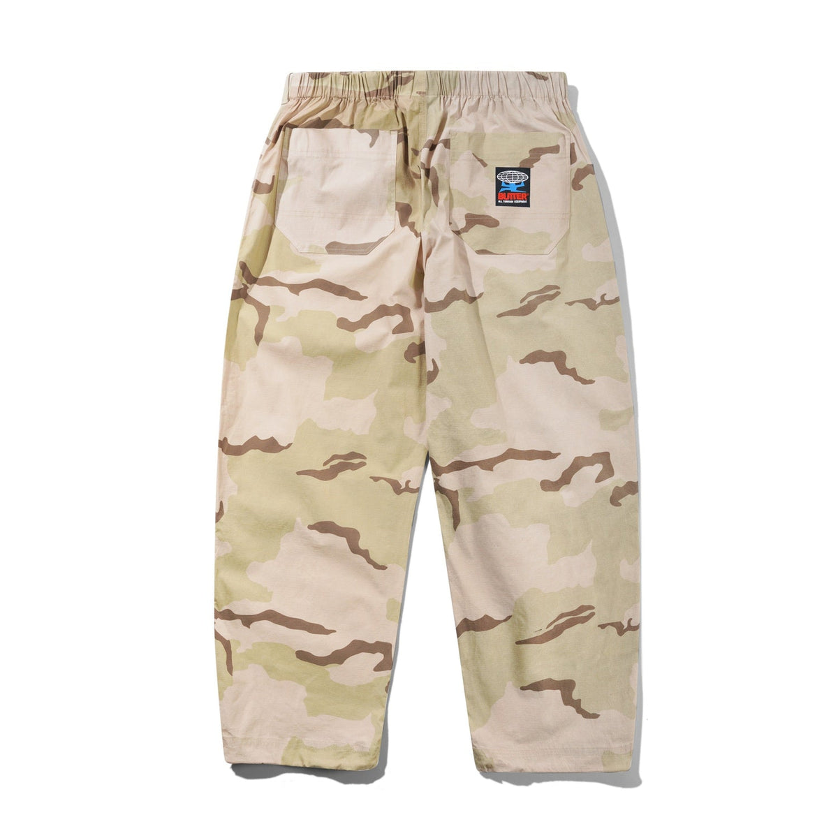 Camouflage pants with a brand logo on a white background