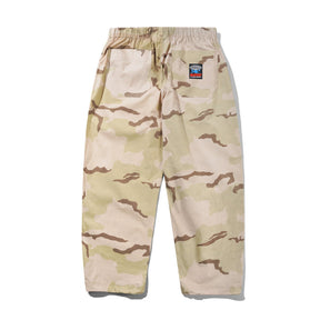 Camouflage pants with a brand logo on a white background