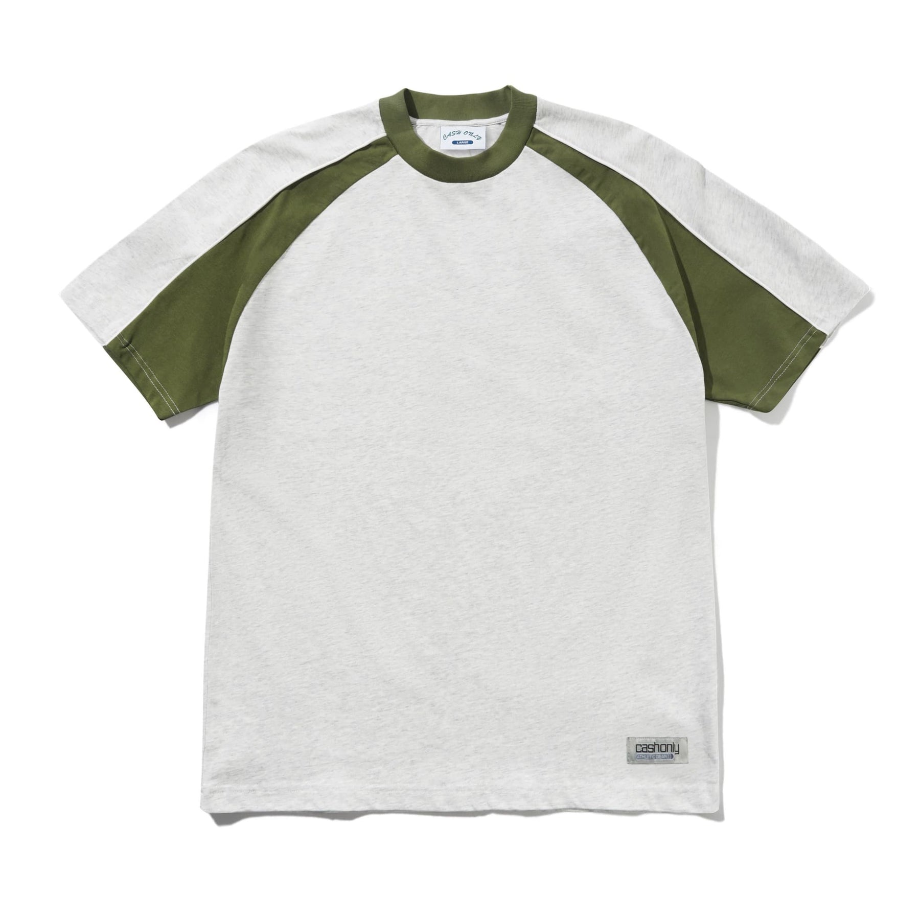 A short-sleeve raglan t-shirt with a light heather gray body and olive green raglan sleeves, collar, and cuffs. A small gray brand label is visible near the bottom hem.