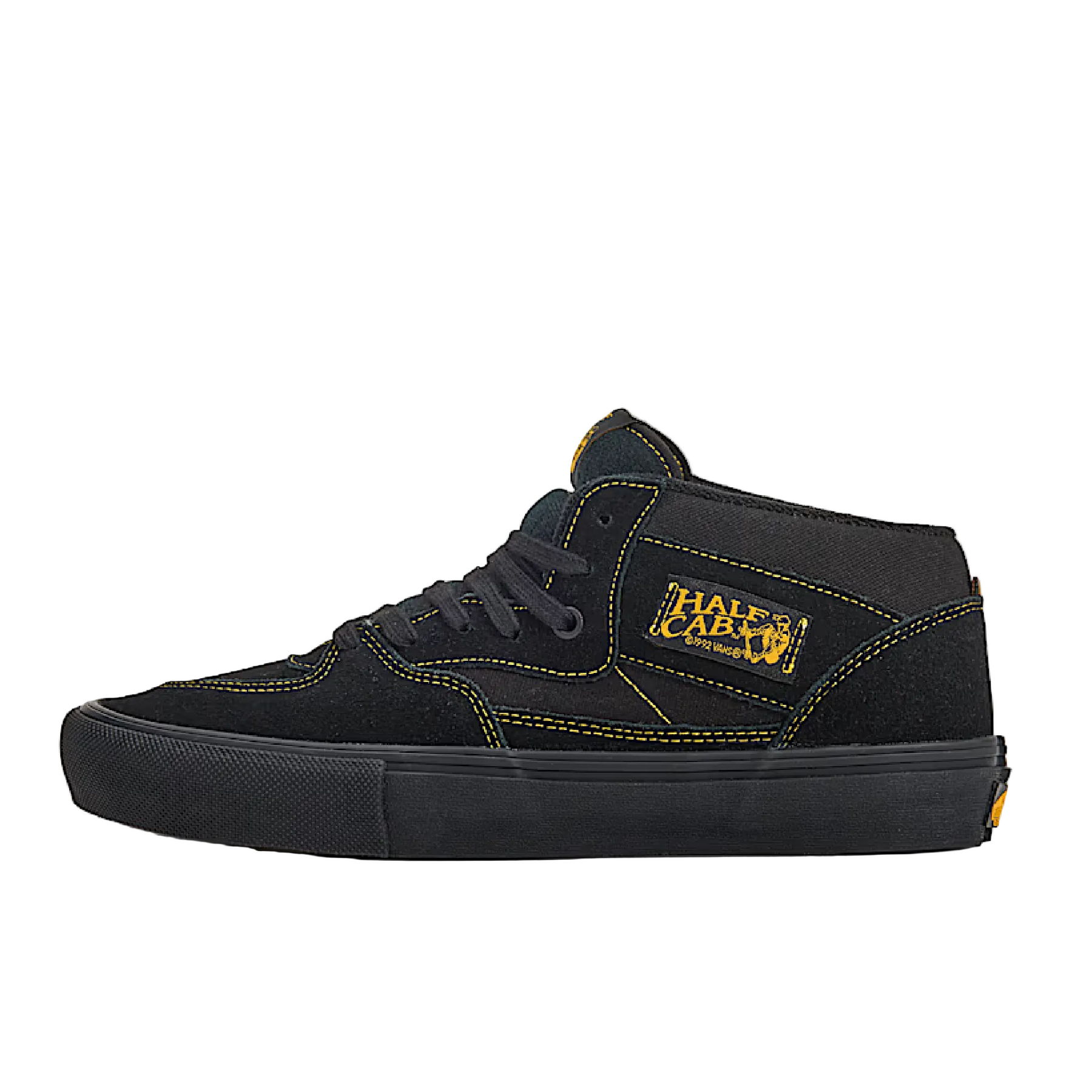 Black high-top sneaker with yellow accents on a white background