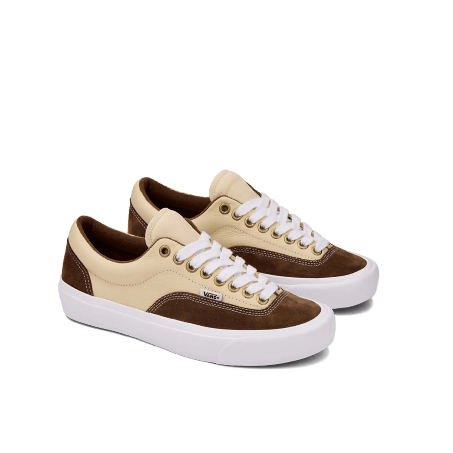 Pair of brown and beige sneakers with white laces on a white background