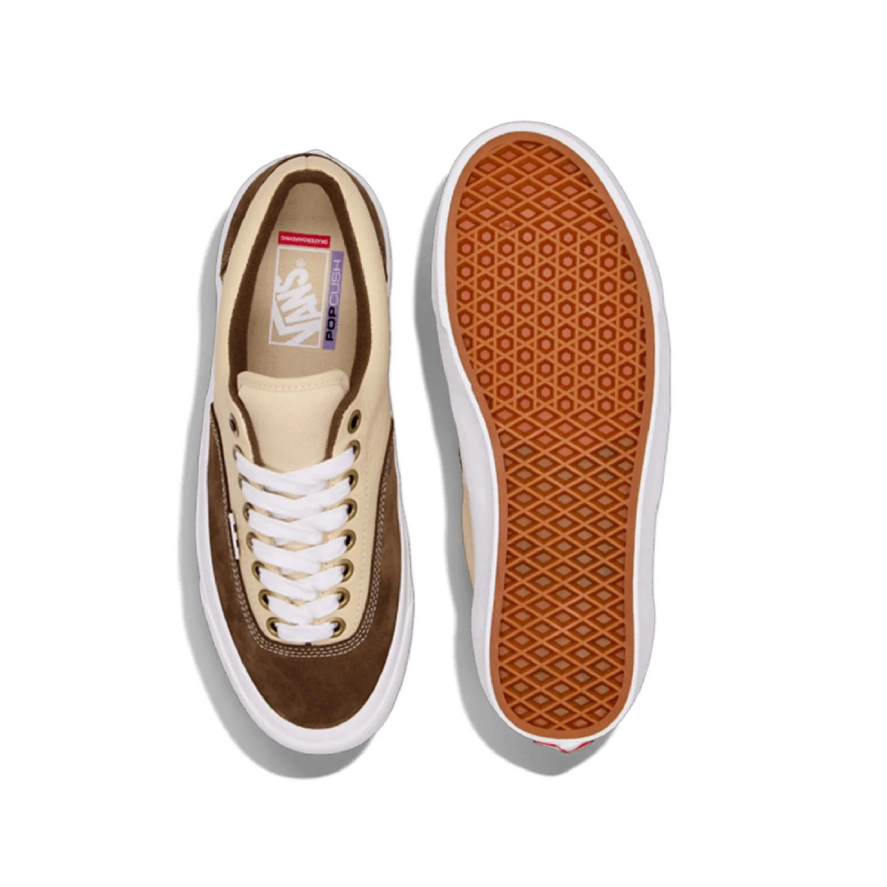 Brown and white sneaker with a visible brand logo on a white background