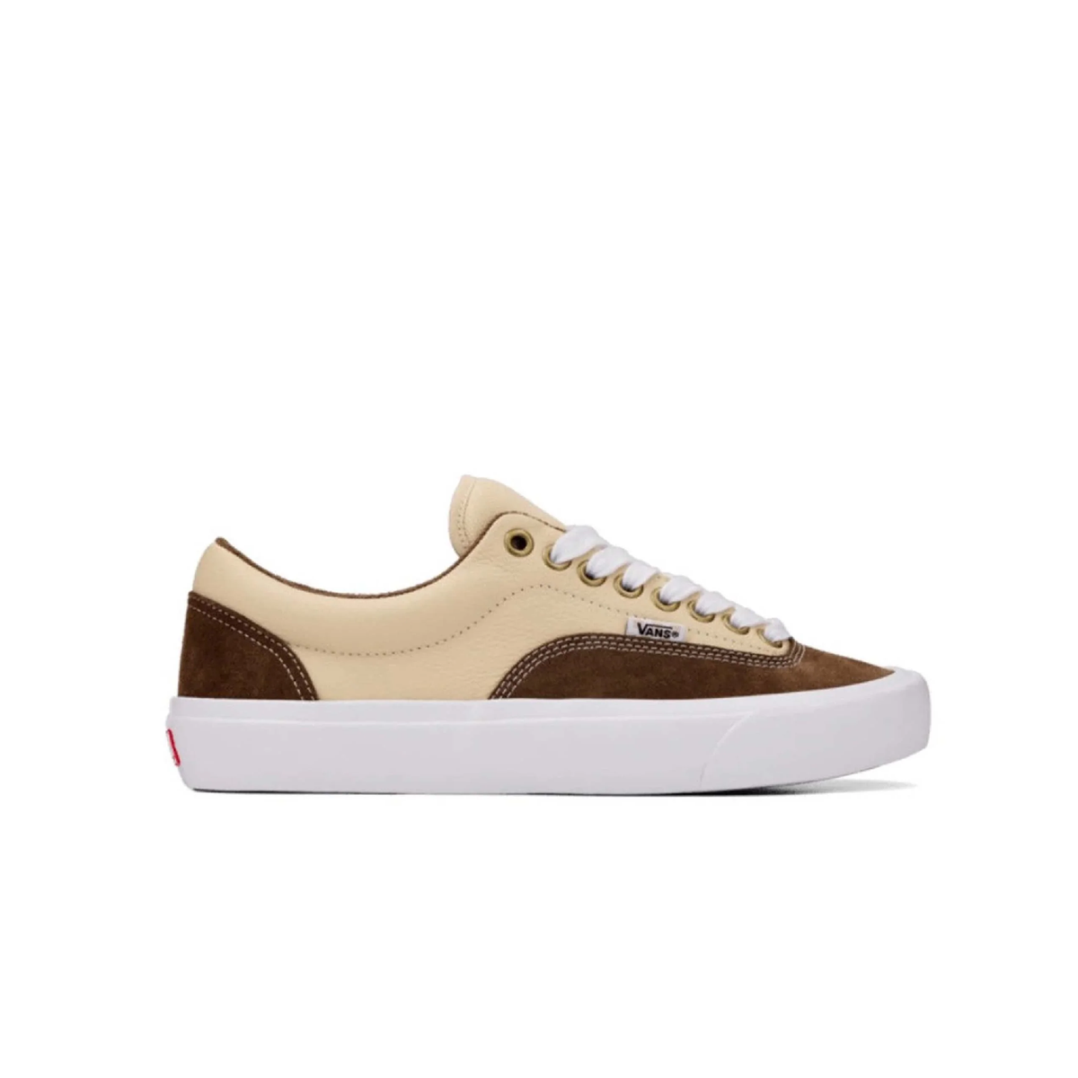 Beige and brown sneaker with white sole on a white background