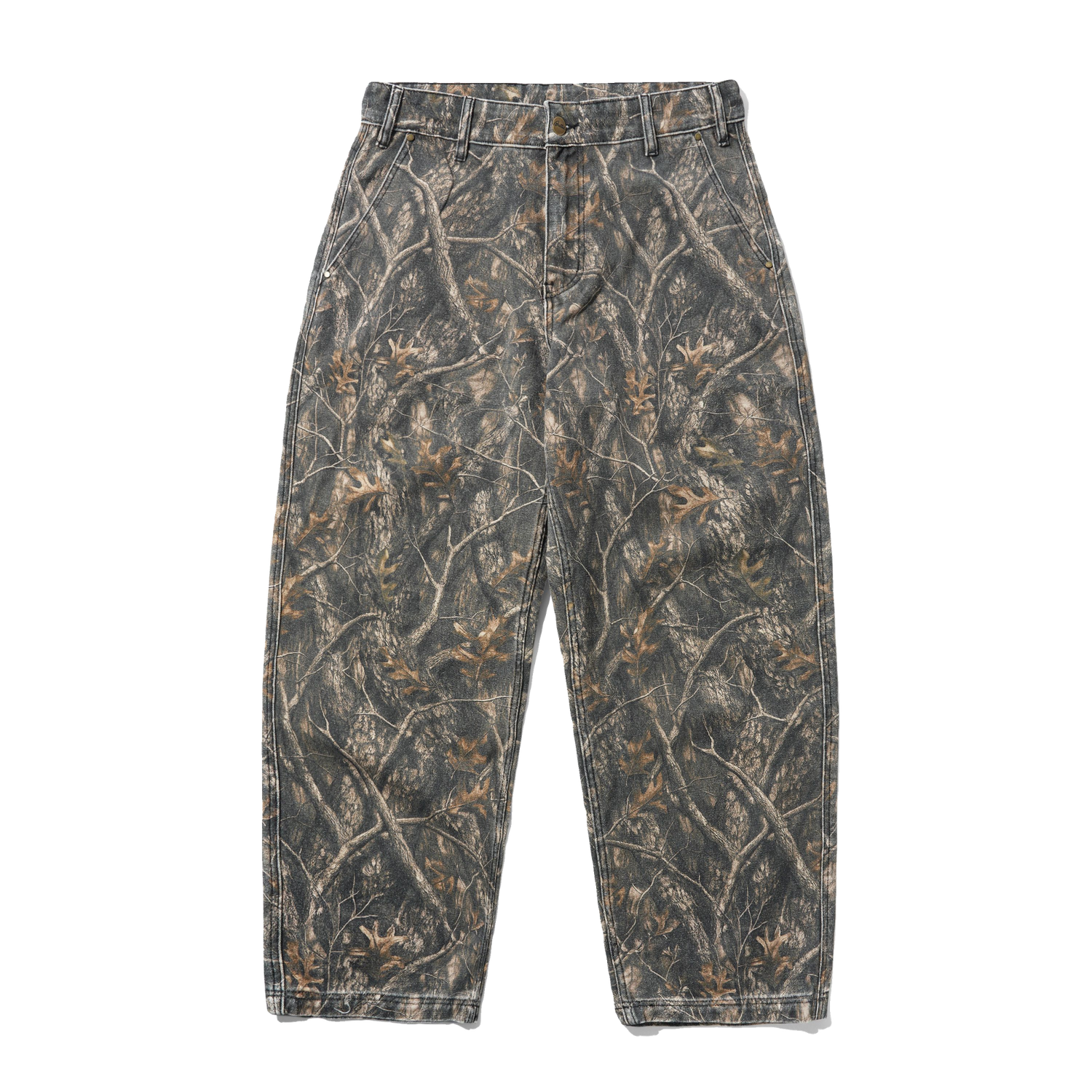 A pair of camouflage pants with a realistic woodland tree branch and leaf pattern in shades of gray, brown, and beige, shown flat against a solid white background.