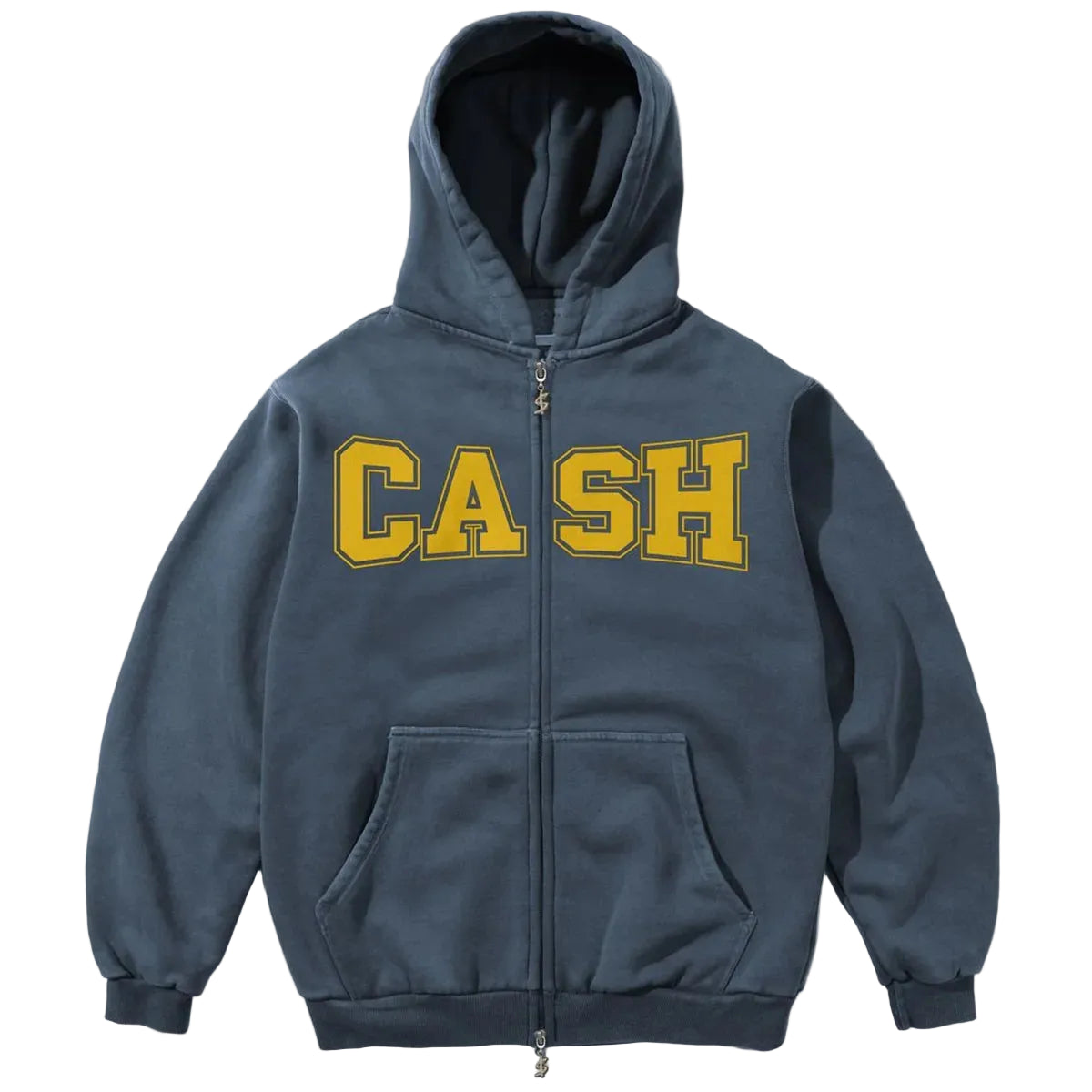 Blue hoodie with 'CA SH' text on a white background