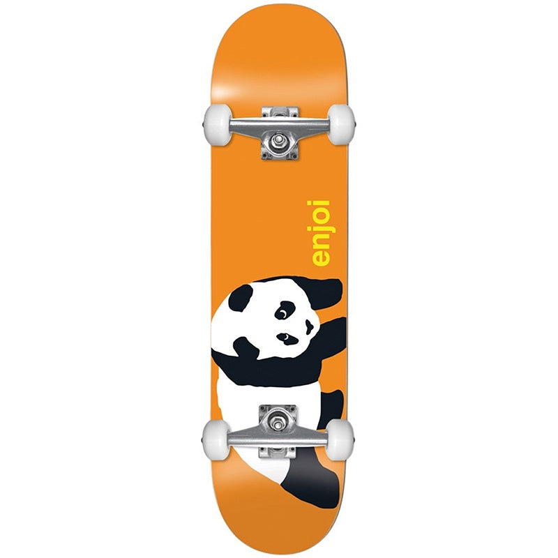 Orange skateboard with panda design and 'enjoi' branding on a white background