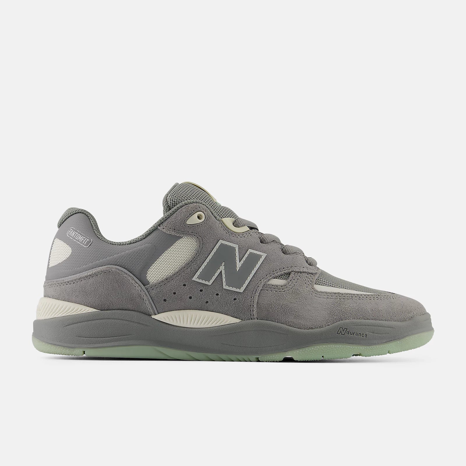Gray sneaker with New Balance logo on a white background