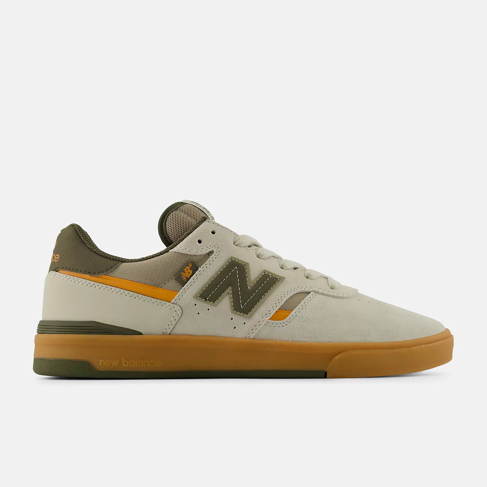 Beige and brown sneaker with New Balance logo on a white background